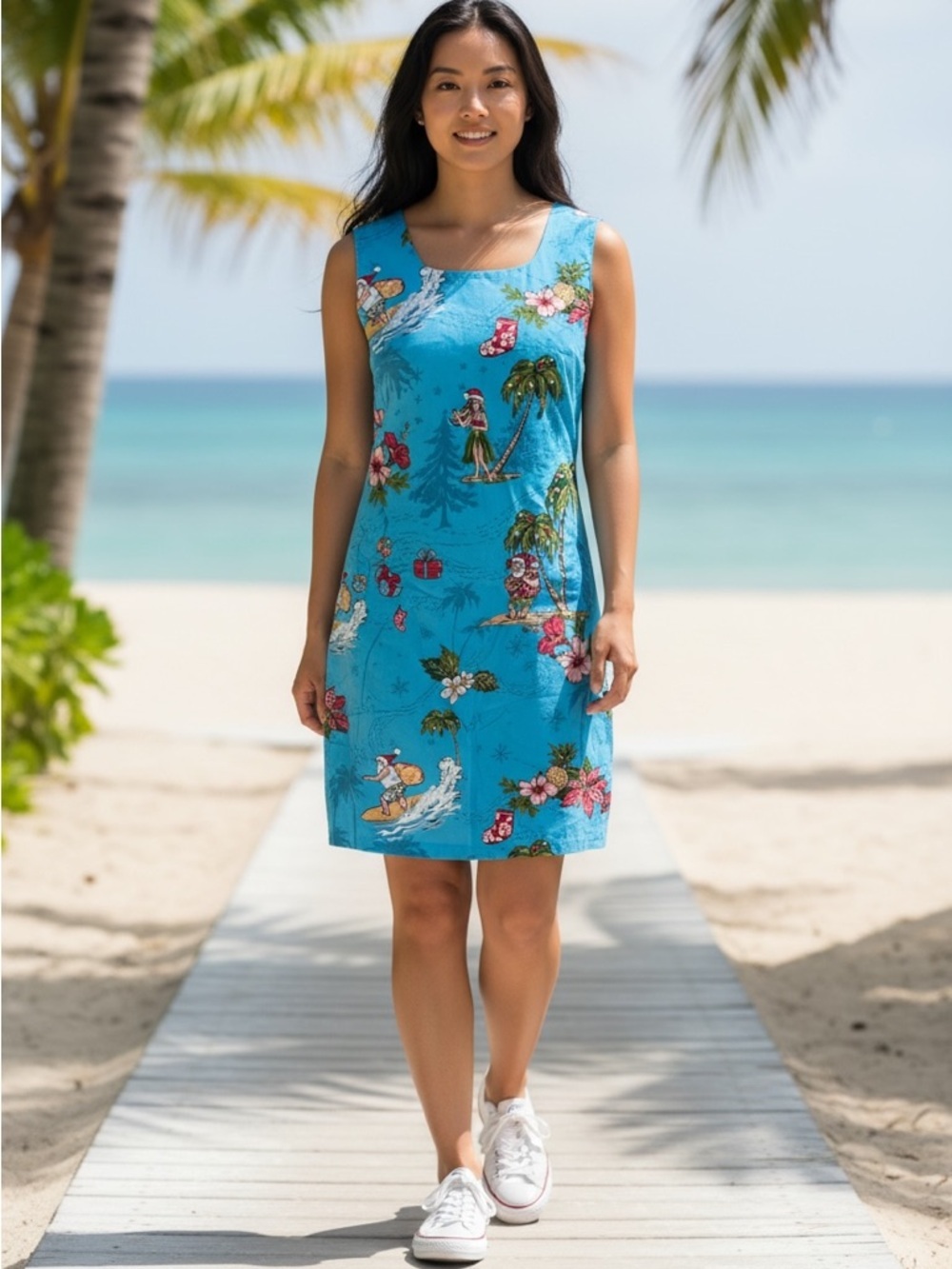 Turquoise Tropical Print Women's Swim Coverup Dress - Picture 3 of 13